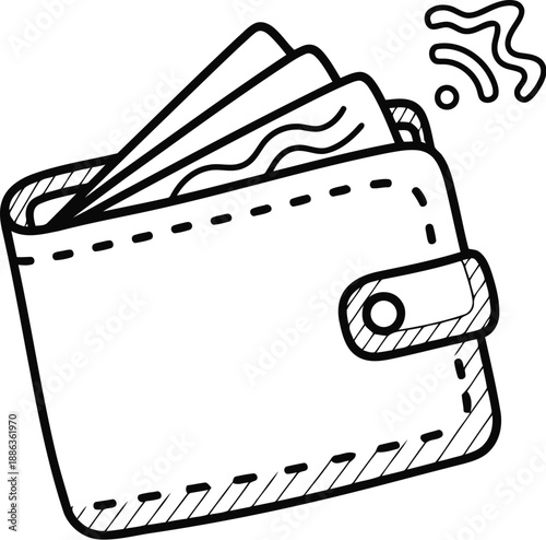 A black and white line drawing of a wallet with money and a shocked expression on a white background