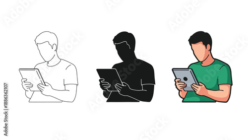 Man using tablet computer in three styles outline, silhouette and color illustration