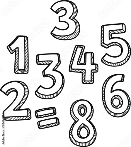 A black and white illustration of numbers and mathematical symbols arranged in a circular pattern on a white background