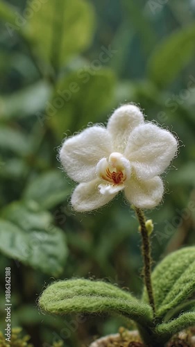 Close-up of a delicate white orchid in full bloom with lush green foliage in the background.