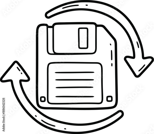 Black and white illustration of a floppy disk with circular arrows indicating recycling or reuse isolated on white background
