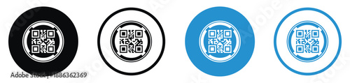 Set of QR code vector icons in different styles. Minimalist square matrix barcodes inside circular borders in black and blue, ideal for digital payments, scanning, and mobile link identification.