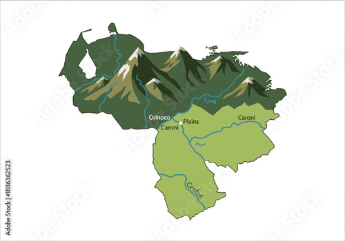 Detailed Vector Map of Venezuela Showcasing Diverse Geographical Regions and Major River Systems for Educational Use