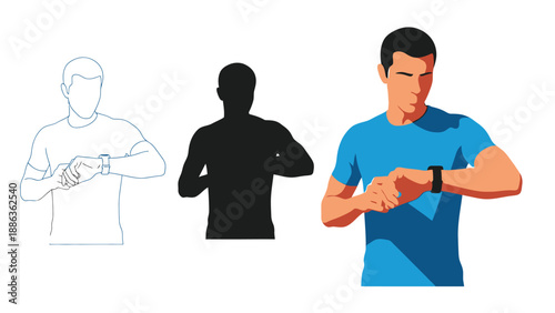 Man checking fitness tracker watch wrist during workout or run, showing different stages outline, silhouette and full color illustration