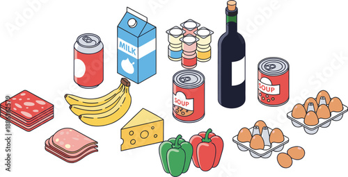 Everyday Grocery Items Illustration Set Featuring Canned Food, Milk, Eggs, Cheese, Meat, and Vegetables in Flat Vector Style