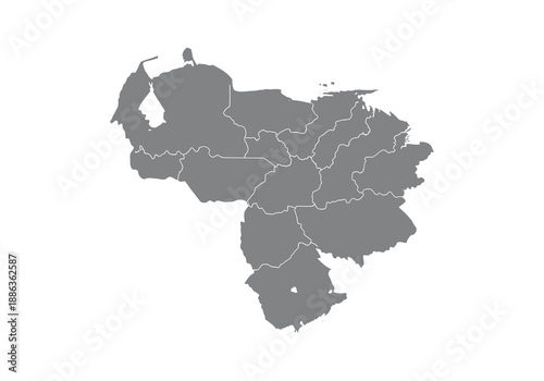 Detailed political map of Venezuela, showcasing all administrative divisions and states in a clear, grayscale vector illustration