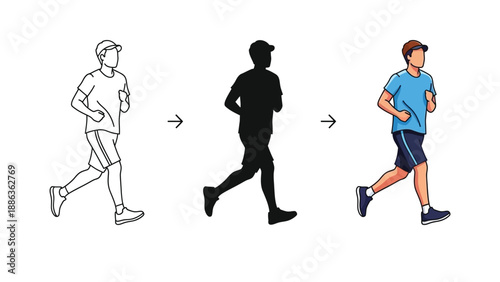 Man running sequence line art, silhouette and full color illustration of an athlete jogging for fitness and exercise