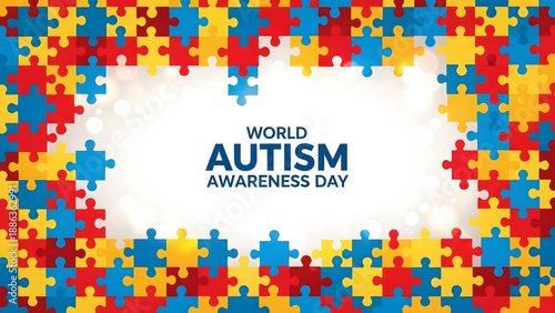 Vibrant puzzle pieces surround a message for world autism awareness day celebration banner