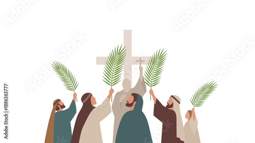 People Holding Palm Branches and Cross.