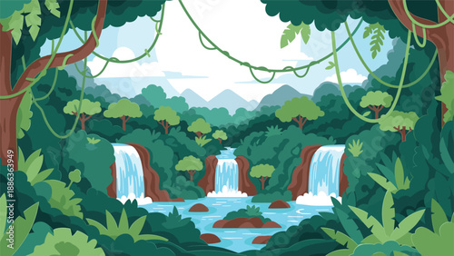 Lush tropical jungle landscape featuring multiple cascading waterfalls, dense green trees, and hanging vines under a bright sky.