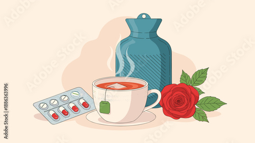 Selection of common sick day remedies including a hot cup of tea, medicine pills, a hot water bottle, and a red rose.