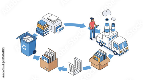 Informative circular diagram depicts the sustainable cycle of paper recycling from waste collection to industrial processing and reuse.