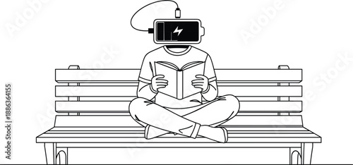 Concept of mental recharge with man reading book on bench and battery head, illustration for brain energy, self care, learning and mindfulness