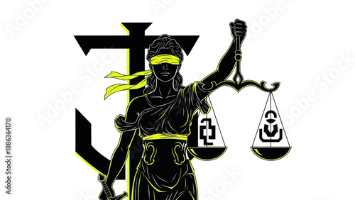 Lady Justice Silhouette with Scales and Sword, Blindfolded Symbolizing Law and Justice