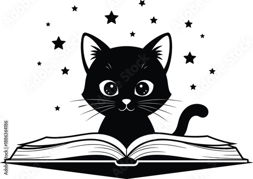 Cute black cat reading an open book with magic stars, whimsical library illustration, feline bookworm character, fantasy storytelling concept for children, education