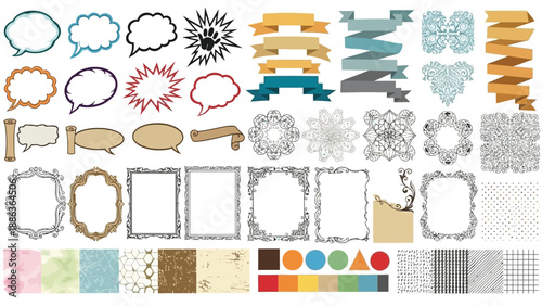 Assortment of various vector design elements including speech bubbles banners ornate frames mandalas patterns and color palettes