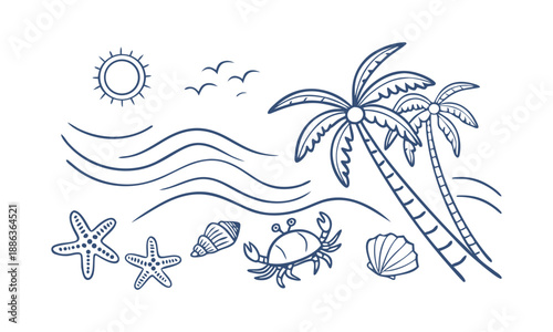 Hand drawn coastal summer line icon set
 vector illustration, easily editable. 