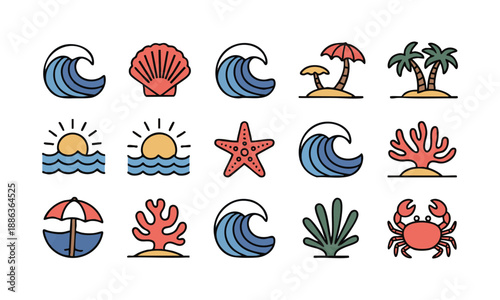 Ocean themed hand drawn line icon collection vector illustration, easily editable. 