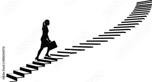 Silhouette of a businesswoman carrying a briefcase walking up a long staircase, career growth, professional development, success and ambition concept, isolated white