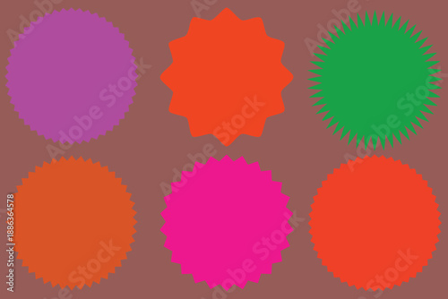 Colorful starburst badge shapes set on textured background, spiked circular labels for sale, discount, and promotion vector design