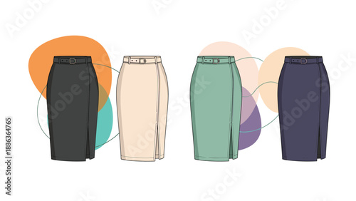 Professional pencil skirts are displayed in four stylish colors including black, beige, mint green, and purple for fashion design concepts.