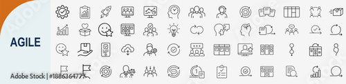 Agile project management and software development outline icon set, isolated vector.