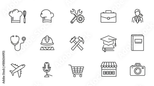 Collection of profession and career icons in a simple line art style.