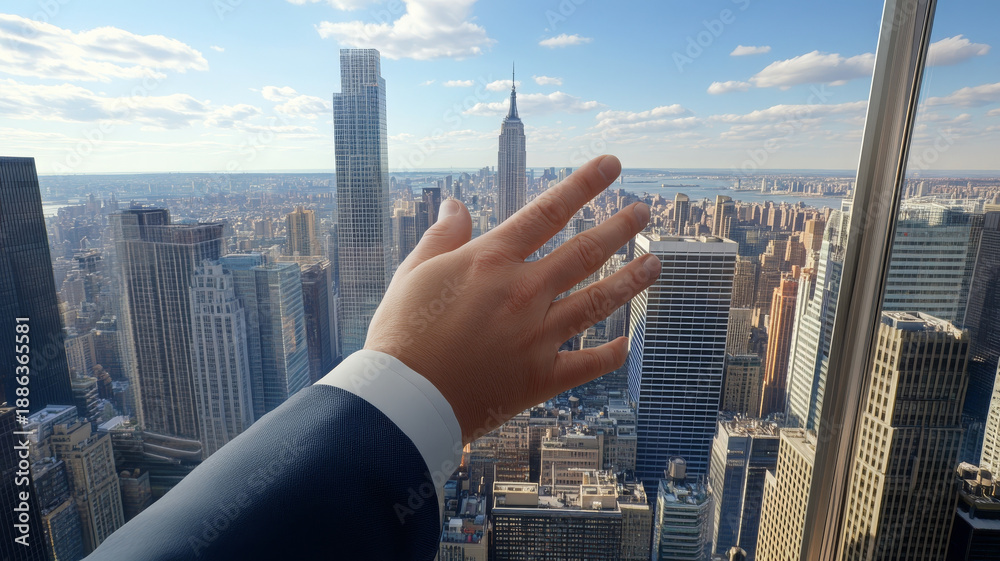 custom made wallpaper toronto digitalHand reaching out over city skyline, panoramic urban view, business opportunity, hopeful emotion