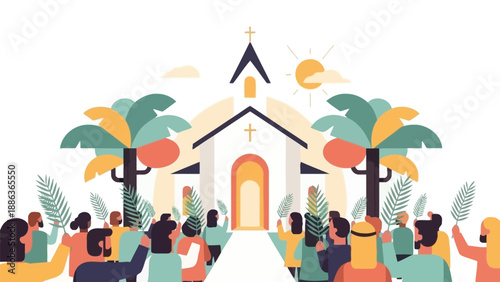 Illustration of Church Gathering with Palm Trees.