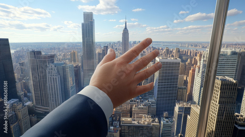 Wallpaper Mural Hand reaching out over city skyline, panoramic urban view, business opportunity, hopeful emotion Torontodigital.ca