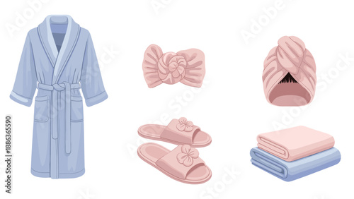 Essential spa and bath set includes a blue bathrobe, pink slippers, towels, and hair wraps showcased on a clean white background.