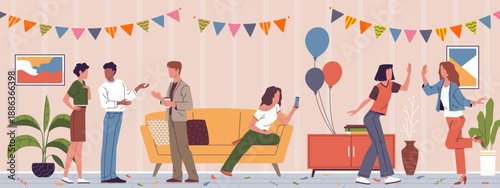People socialize at party. Extraverts, introvert with smartphone, outward and inward orientation, character traits, social interaction, nowaday vector cartoon flat style concept