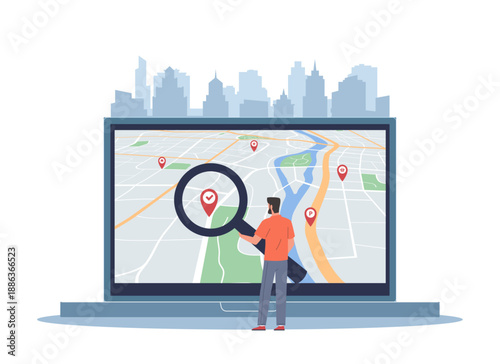 Navigation system. Geolocation software, man is looking for geo tag on city map, geolocation search on laptop screen with magnifier and pins, city navigation vector cartoon isolated concept