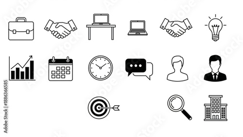 Collection of business and office related icons in a simple line art style.