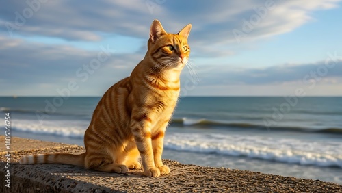 Orange Tabby Cat Sitting on Sandy Beach by Ocean