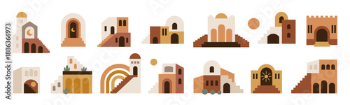 Architecture bohemian elements. Contemporary building shapes, geometric boho minimal compositions, decorative flat city icons, arched and domed geometry houses garish vector isolated set