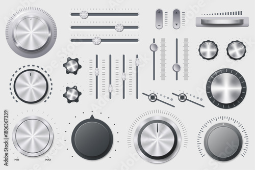 Realistic volume controls. Steel elements, audio equalization mixer dials, metal sliders, regulators chrome buttons, chrome dials, faders and switches, qualitative vector isolated set