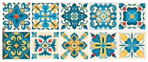 Mediterranean tiles. Azulejo style, patterns enclosed in square forms, portuguese, turkish or spanish ceramic, geometric floral ornaments, oriental arabesque splendid vector isolated set