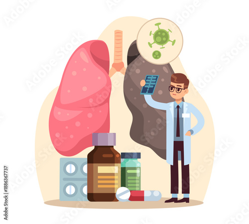 Infectious lung disease. Finding right treatment, doctor examines x ray of organ, clinical diagnosis and planning therapy, respiratory disease, lungs and pills cartoon flat vector concept