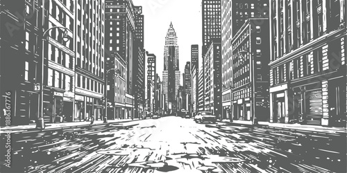 Dramatic black and white illustration of a bustling city street with towering skyscrapers and dynamic perspectives isolated on transparent background