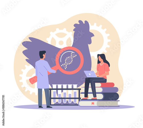 Genetically modified animals. Scientists are studying chicken dna with magnifier, biotechnology analysis, livestock health improvement, selective breeding, vector cartoon isolated concept