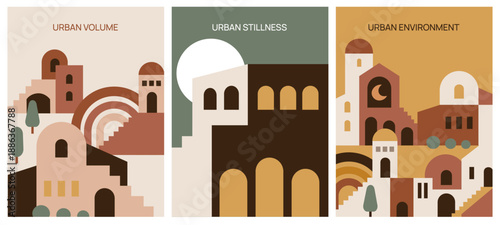 Geometric architecture cards. Boho style urban compositions, minimal design covers, city buildings elements, houses with stairs, arches, bohemian minimalistic posters, garish vector set