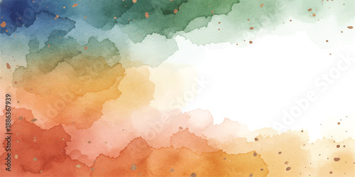 Colorful watercolor texture background with abstract paint splash and gold flecks isolated on transparent background