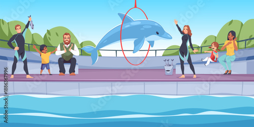 Dolphin performance. Happy viewers watch stunt with sea animals and trainers, family at dolphinarium, jump through ring, entertainment show cartoon flat style isolated tidy vector concept