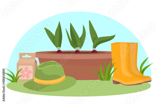 Spring sunny garden scene rubber boots hat flowers pot bulb seeds package hello spring