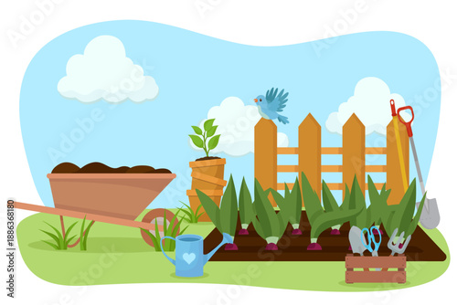 Spring graden scene flower bulb gardening tools wheelbarrow watering can cute bird sunny background