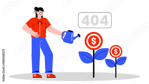 A woman watering dollar sign plants with a 404 error sign in the background