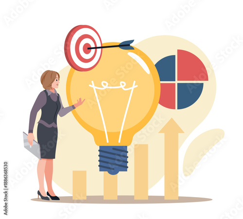Business idea. Strategy and innovation, startup development, planning and analysis, achievement goals, business growth, business woman successful results cartoon isolated vector concept