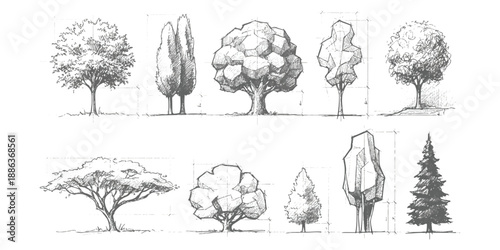 Diverse hand-drawn tree sketches showcasing various forms and artistic approaches for nature illustration isolated on transparent background