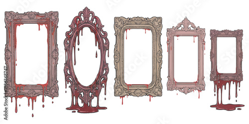 A collection of macabre decorative frames dripping with a vivid blood-red substance isolated on transparent background
